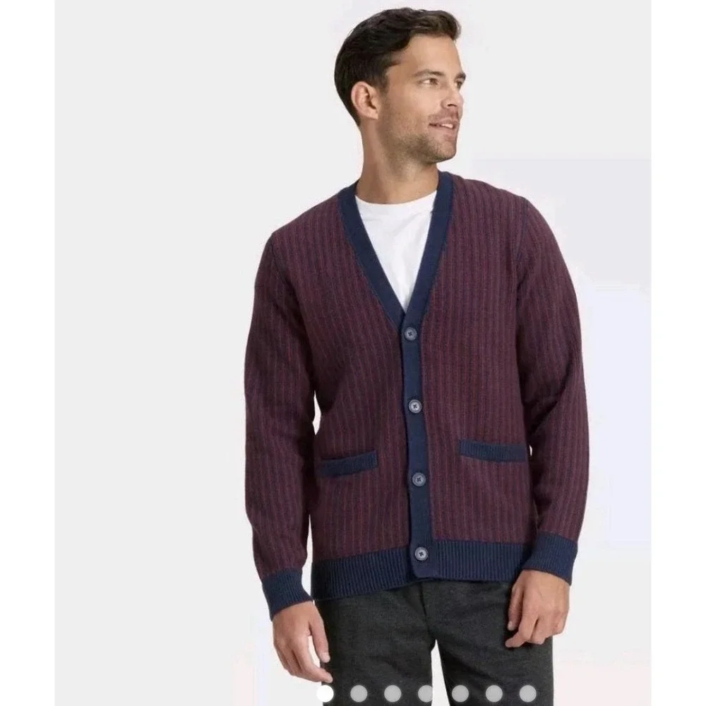 Goodfellow & Co Grandpa Core Cardigan Sweater Men's L NWT Rib Knit Navy Red